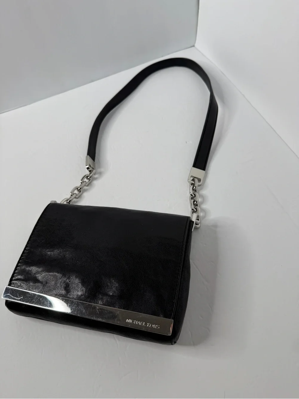 Michael Kors Black Leather Shoulder Bag Compact Small Handbag Silver Hardware